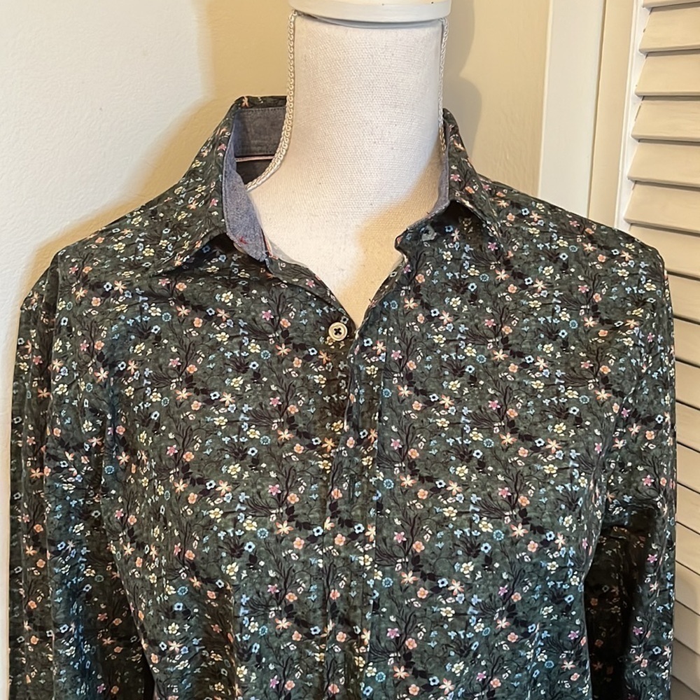 𝅺ZARA Slim Fit Green Floral Collared Button Down Shirt.  Size Medium - Picture 2 of 10